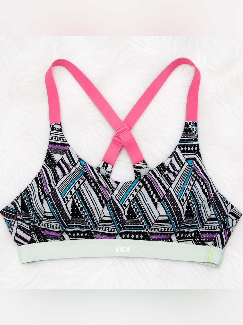 Victoria Sport VSX Sports Bra Small Pink Strap Criss Cross Back Geometric Print